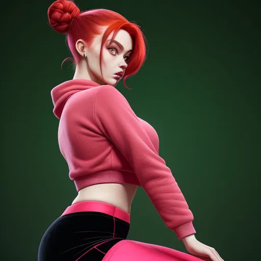 a woman with red hair and a pink top is posing for a picture in a pink outfit and black pants, by Hanna-Barbera