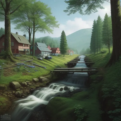 a painting of a stream running through a forest with a house in the background and a stream running through the grass, by Gediminas Pranckevicius