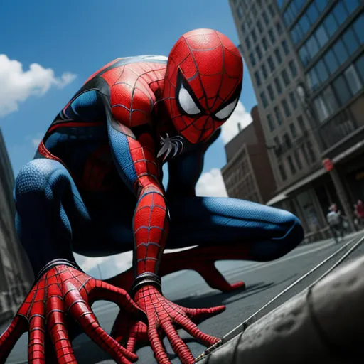 how to make a photo high resolution - a spider man is crouched down on a street corner in a city setting with tall buildings in the background, by Terada Katsuya