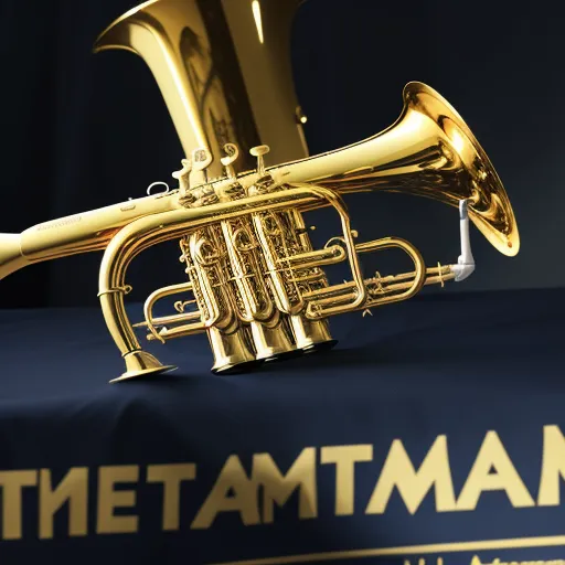 a close up of a trumpet on a blue cloth with a gold lettering on it and a black background, by Aldus Manutius