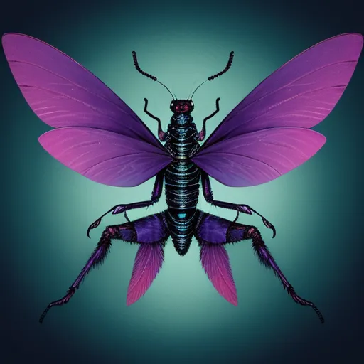 hd images - a purple insect with a black body and purple wings on a blue background with a green background and a black background, by Lois van Baarle