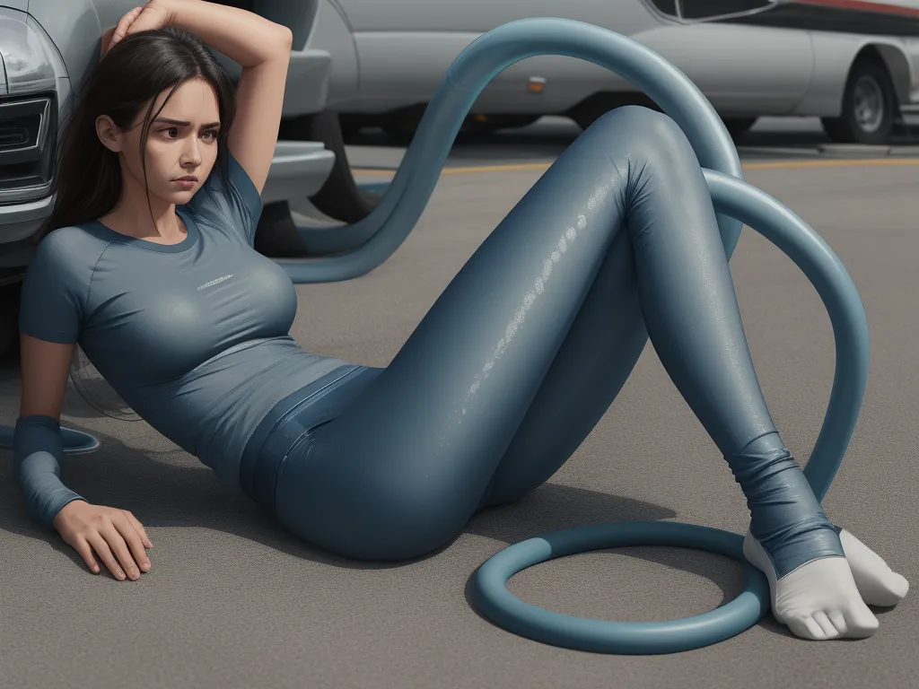 a woman in a blue outfit laying on the ground next to a car with a hose attached to it, by Adam Martinakis