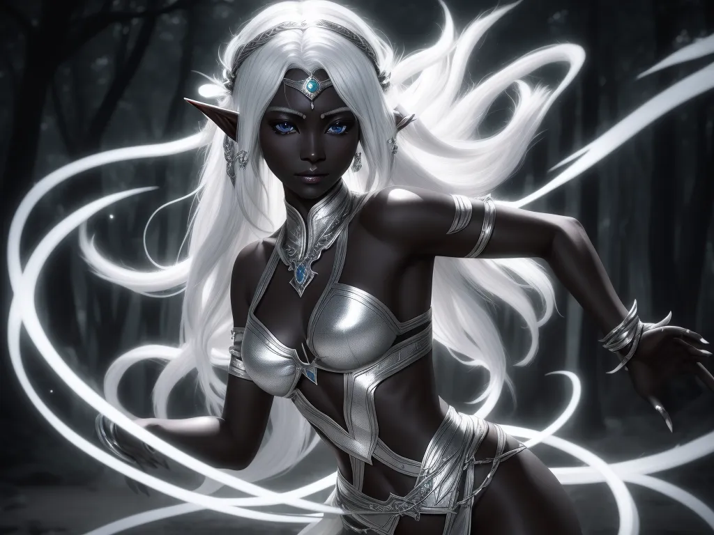 ai image generator names - a woman with white hair and a white outfit is dancing in the woods with a white light behind her, by Lois van Baarle