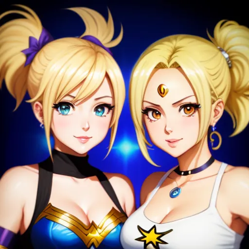 two women in costumes standing next to each other with blue eyes and blonde hair, one with a star on her chest, by Sailor Moon