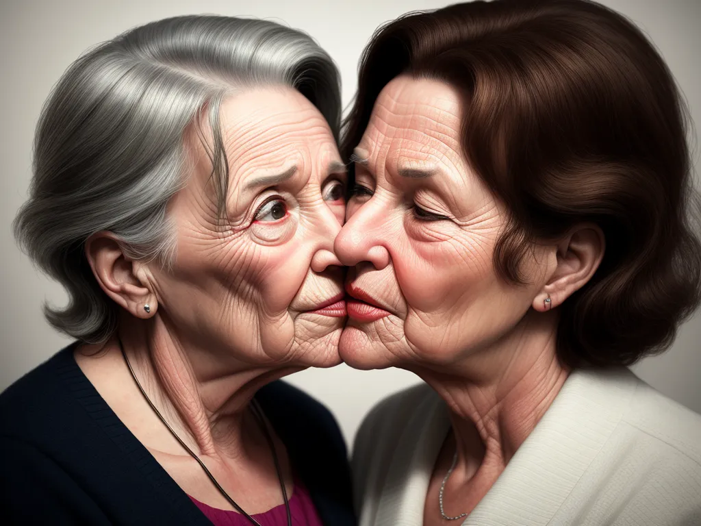 free online upscaler - two older women are kissing each other with their faces close together, with one of them touching the other's cheek, by Laurie Lipton