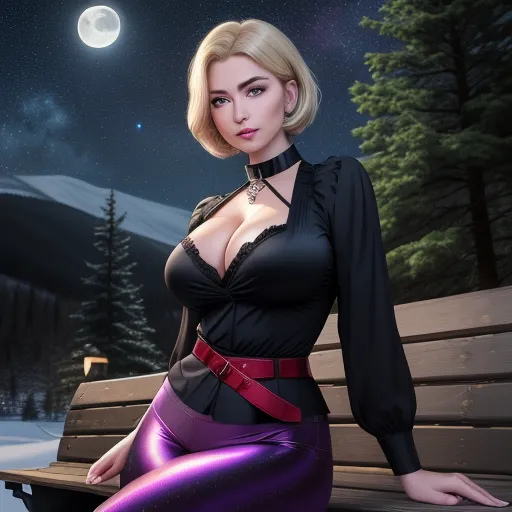 a woman in a black top and purple pants sitting on a bench in the snow at night with a full moon in the background, by Sailor Moon