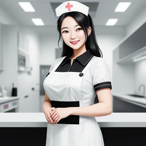 low quality - a woman in a nurse uniform standing in a hospital room with her arms crossed and smiling at the camera, by Chen Daofu