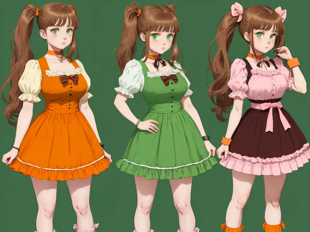 make image higher resolution - three anime girls in dresses and orange shoes standing next to each other, one wearing a bow tie and the other wearing a short dress, by Toei Animations