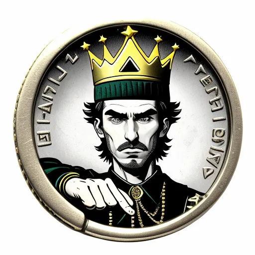 enlarge image - a coin with a picture of a man wearing a crown on it's head and a chain around his neck, by Baiōken Eishun