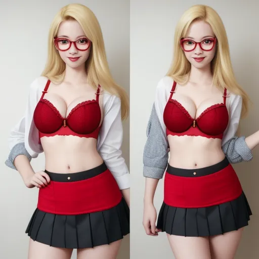 a woman in a red and black skirt and a white shirt and glasses and a red bra top and a black skirt, by Sailor Moon