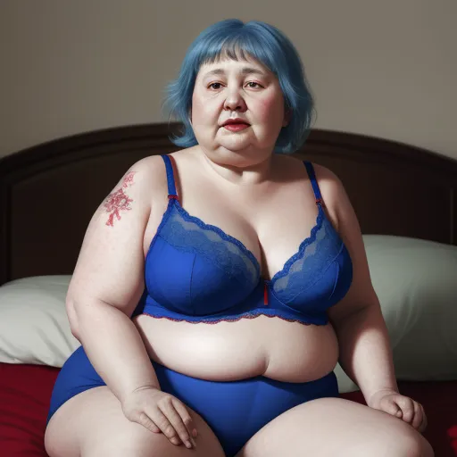 a woman with blue hair and a blue bra sits on a bed in a blue bralet and blue panties, by Cindy Sherman