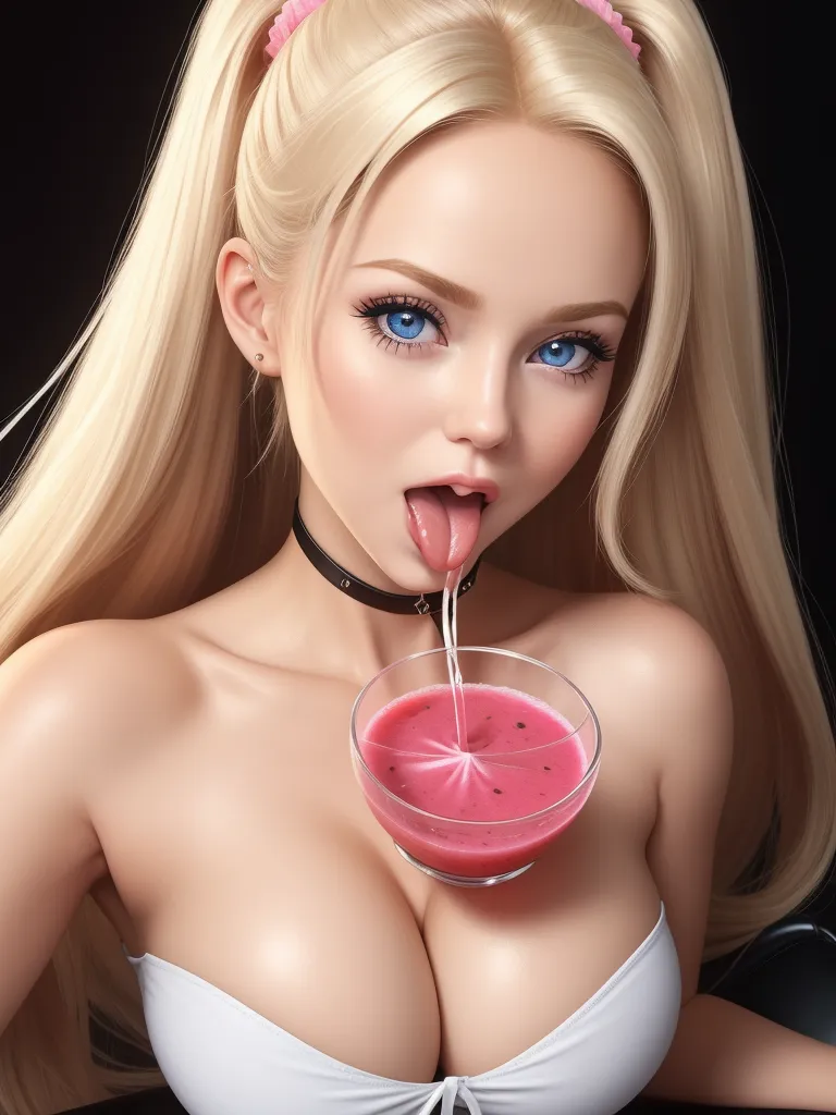 a woman with a pink drink in her mouth and a black choker around her neck and a black background, by Hirohiko Araki