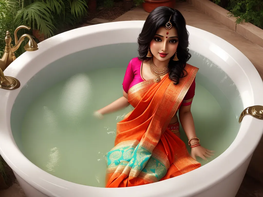 ai image generator text - a woman in a bath tub with a sari on her lap and a potted plant in the background, by Raja Ravi Varma