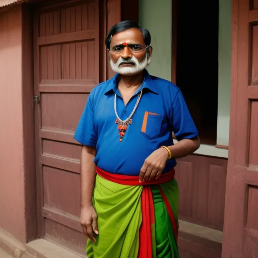 a man with a white beard and a blue shirt and green skirt standing in front of a building with red doors, by Alec Soth