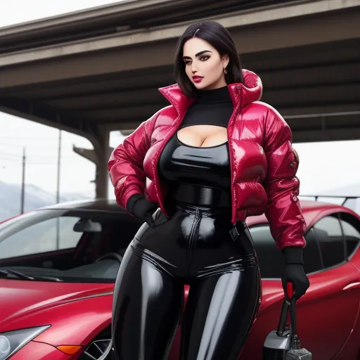a woman in a black outfit and a red jacket standing next to a red car in front of a red car, by Sailor Moon
