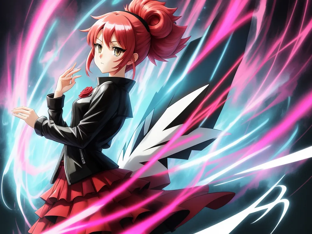 ai image generators - a girl with red hair and a black jacket is standing in front of a blue and pink background with a white and pink streak, by Toei Animations