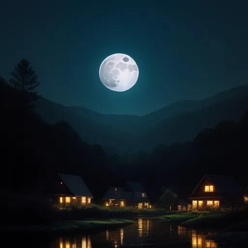 a full moon is seen over a lake and houses in the distance with mountains in the background at night, by David A. Hardy