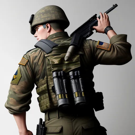 best ai photo editor - a soldier holding a gun and a rifle in his hand and wearing a camouflage uniform with a gun in his other hand, by Terada Katsuya