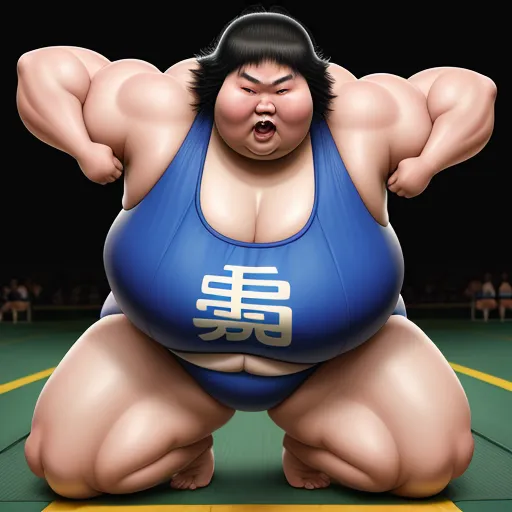 low resolution images - a sumo wrestler is posing for a picture on a court with a crowd in the background and a woman in a blue top, by Baiōken Eishun