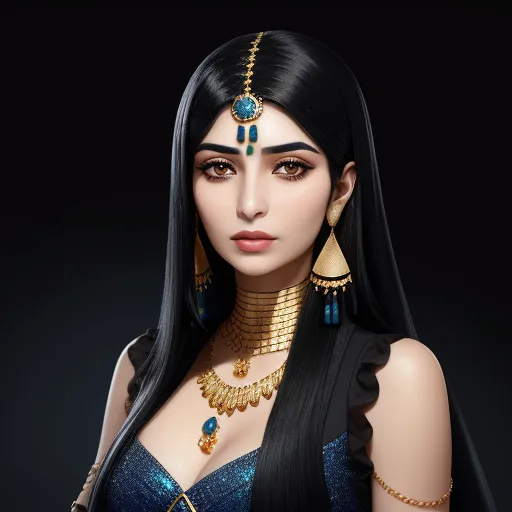 convert photo to 4k online - a woman with long black hair wearing a necklace and earrings with a blue dress and gold jewelry on her chest, by Tom Bagshaw
