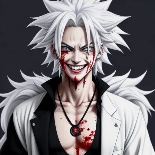 a man with white hair and a black shirt and a necklace with blood on it and a white jacket, by Baiōken Eishun