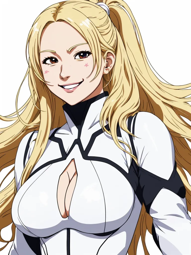 a woman with long blonde hair and a white shirt is smiling and posing for the camera with her hands on her hips, by Hiromu Arakawa