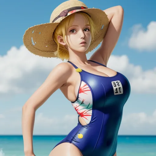 low quality picture - a woman in a bathing suit and hat on the beach with a blue sky and white clouds behind her, by Toei Animations