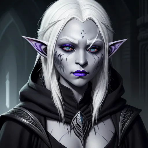 a white haired elf with blue eyes and a black cloak on her head and a black hood on her head, by Daniela Uhlig