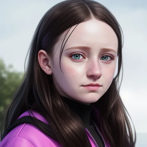 a digital painting of a girl with long hair and blue eyes, wearing a pink jacket and black collar, by Hirohiko Araki