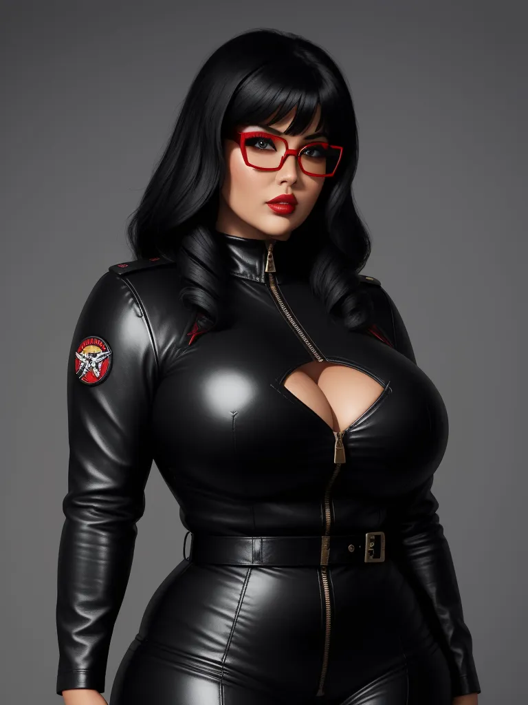 a woman in a black leather outfit with red glasses and a red lipstick on her face, with a large breast, by Terada Katsuya