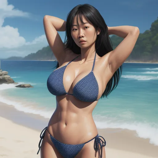 text image generator ai - a woman in a bikini standing on a beach next to the ocean with her hands on her head and her right arm behind her head, by Terada Katsuya