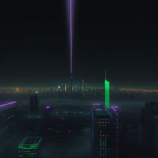a city skyline with a neon green light at night time, with a large tower in the distance and a neon green light at the top, by Christopher Balaskas