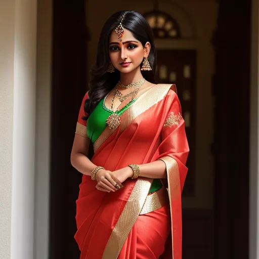 text to image ai generator - a woman in a red and green sari with a gold border on her neck and shoulder, standing in a doorway, by Raja Ravi Varma