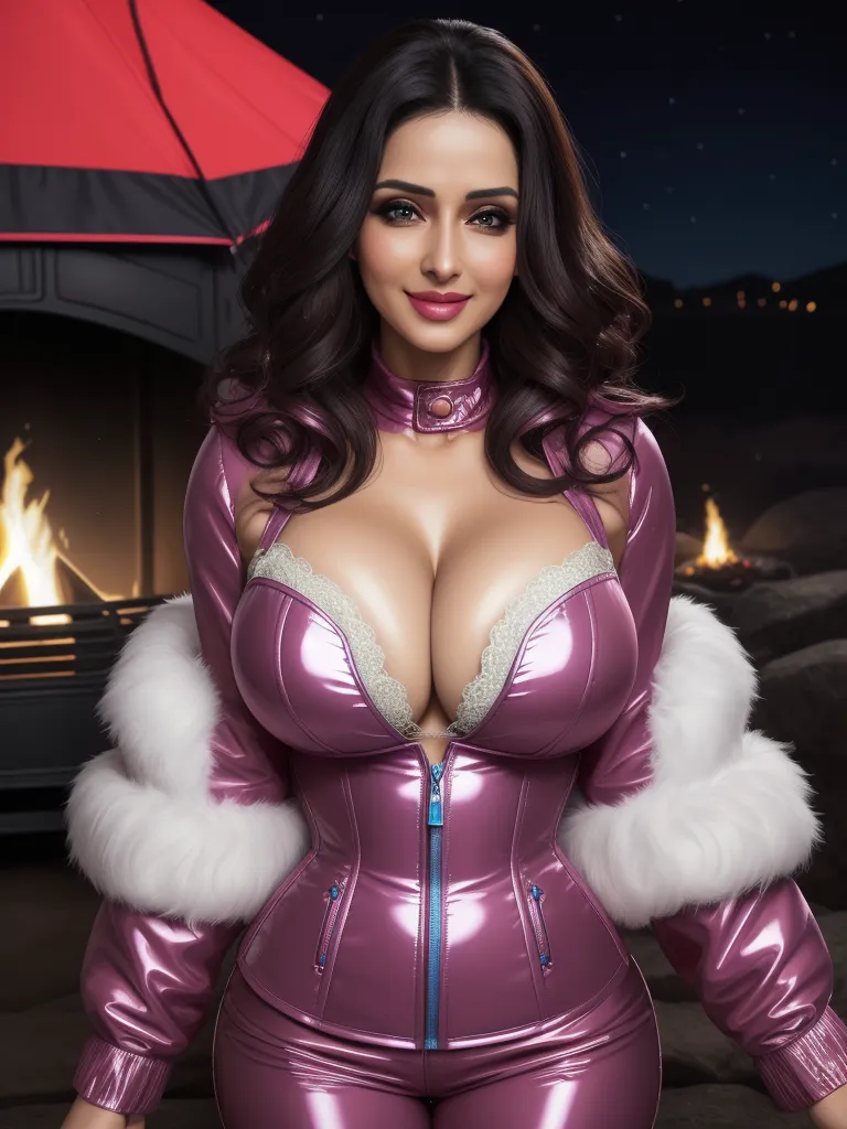 how to fix low resolution photos - a woman in a shiny purple outfit with a fur collar and cuffs on her chest and a fireplace in the background, by Terada Katsuya