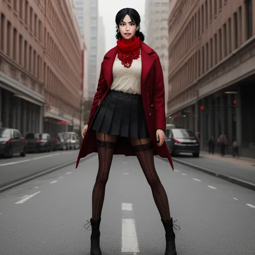 advanced ai image generator - a woman in a red coat and black skirt is standing on the street in a city with tall buildings, by Terada Katsuya