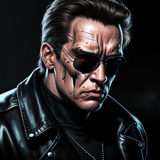 a man with a black leather jacket and red eyes wearing a pair of sunglasses and a leather jacket with a black leather jacket, by Jeff Simpson