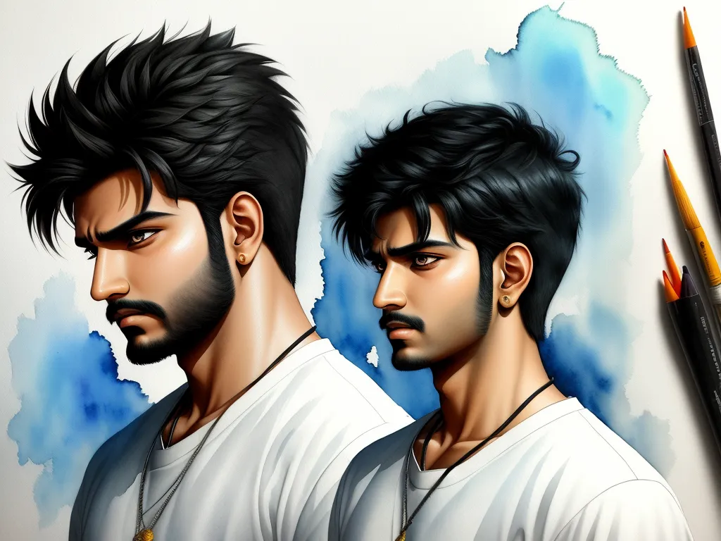 a drawing of two men with a beard and a white shirt with a gold necklace on his neck and a pencil in his hand, by Lois van Baarle