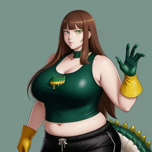 a woman in a green top and yellow gloves holding a green alligator's tail and a yellow glove, by theCHAMBA