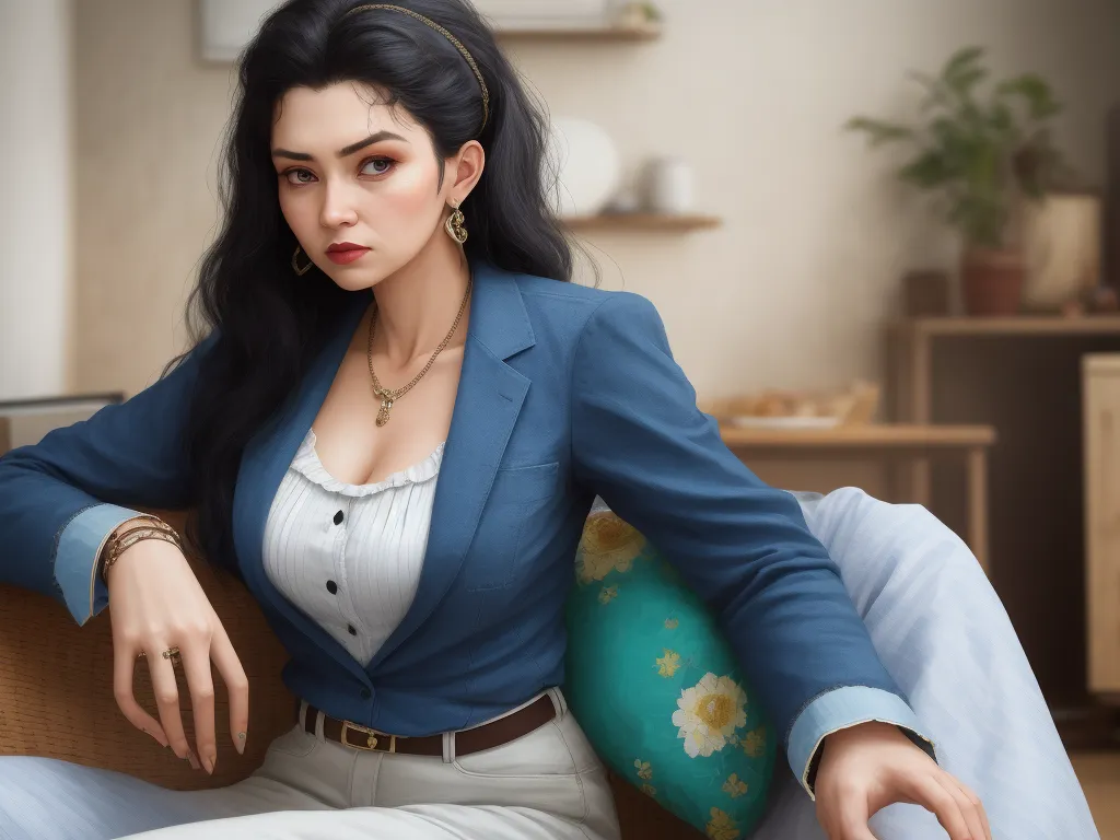 advanced ai image generator - a woman in a blue jacket sitting on a couch with a green pillow in her lapel and a blue pillow in her lap, by Lois van Baarle