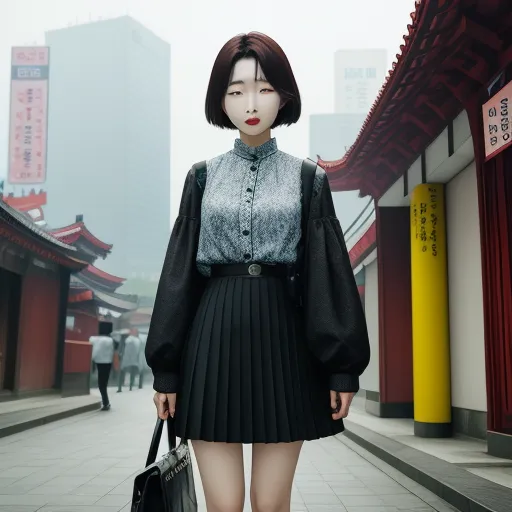a woman in a black skirt and a gray shirt and a black purse and a black purse and a red and yellow building, by Zhang Kechun