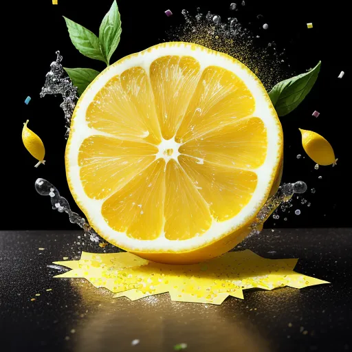 a lemon is cut in half and is being splashed with water by a leaf and a star shaped object, by Adam Martinakis