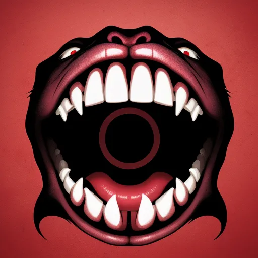 a red and black poster with a mouth open and teeth missing and a circle in the middle of the mouth, by Jamie Hewlett