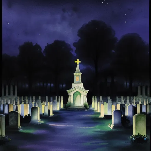 a painting of a cemetery at night with a cross on top of it and a cemetery in the background, by A. J. Casson