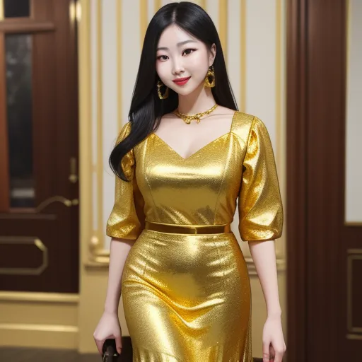 free ai image generator from text - a woman in a gold dress standing in a room with a purse and a purse on her shoulder and a handbag on her hip, by Chen Daofu