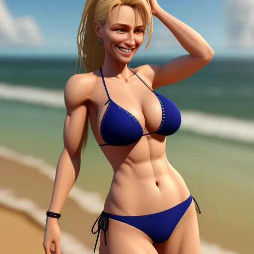 free high resolution images - a woman in a bikini standing on a beach next to the ocean with her hand on her head and a smile on her face, by theCHAMBA