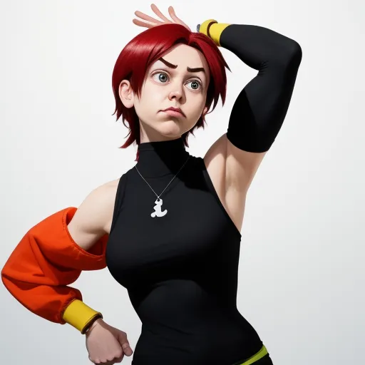 a woman with red hair and a black top is posing for a picture with her hands on her head, by Daniela Uhlig