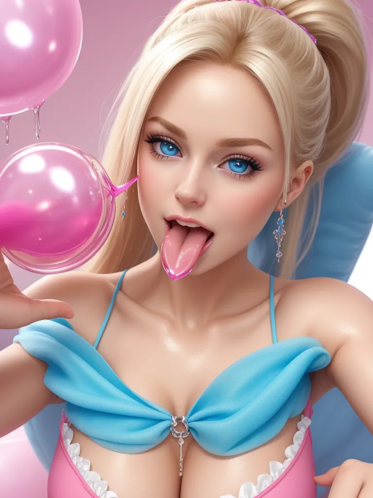 a woman in a pink bra top blowing bubbles on her tongue and wearing a blue bra top and pink panties, by Sailor Moon