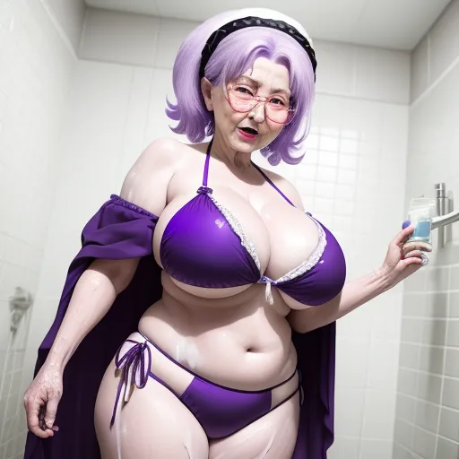 image from text ai - a woman in a purple bikini is taking a selfie in a bathroom mirror with a cell phone in her hand, by Rumiko Takahashi