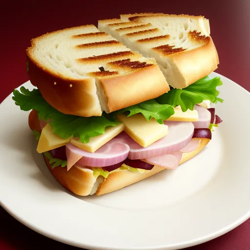 a sandwich with ham, cheese, and lettuce on a plate on a red tablecloth with a red background, by Pixar Concept Artists