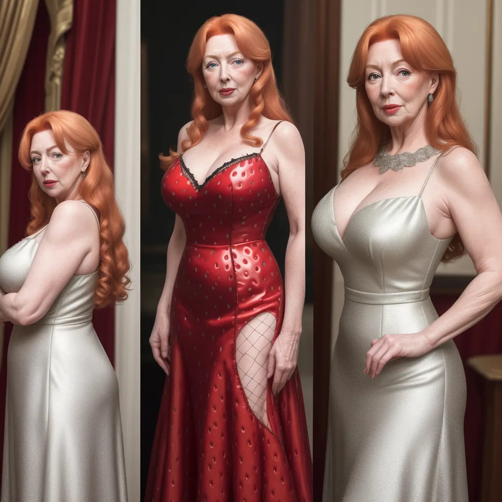 a woman in a red dress standing next to another woman in a white dress and a red dress with a red hair, by Cindy Sherman